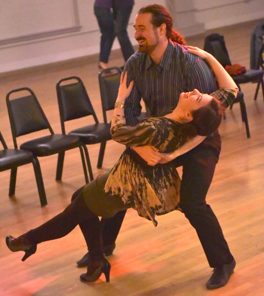 Two Bailonga community members having fun dancing Argentine Tango in Eugene, Oregon