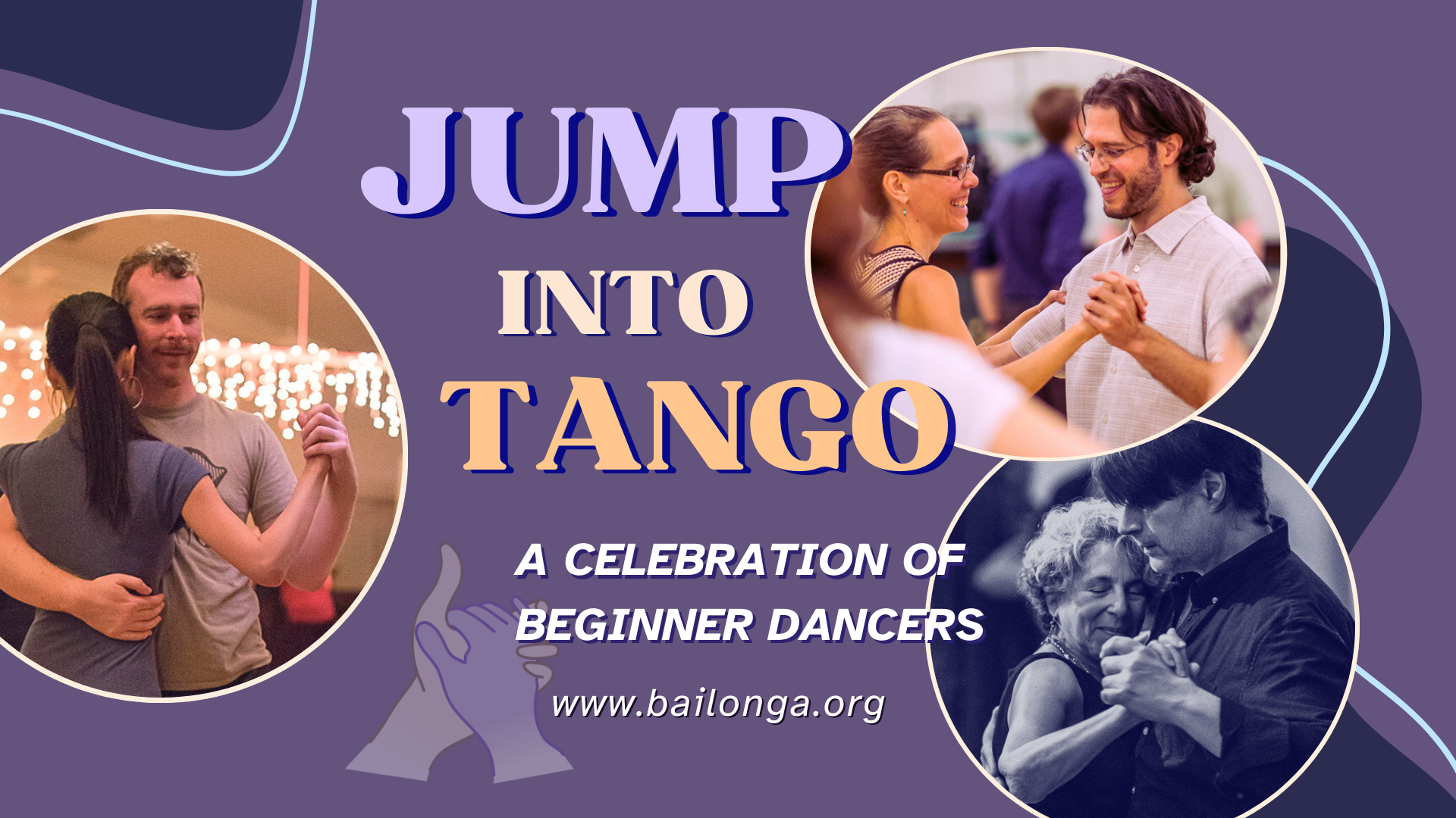 A purple and orange graphic that says Jump Into Tango, a Celebration of Beginner Dancers.